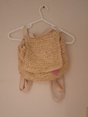 Cream Crochet Backpack with Pink Accent